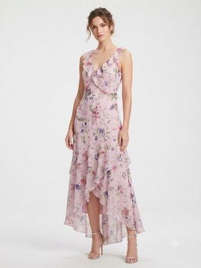 Alex Evenings Pink Floral High-Low Ruffle Chiffon Dress